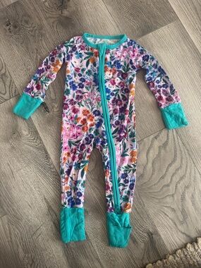 Little Sleepies Floral Footie in Teal Trim and Pink/Purple Print
